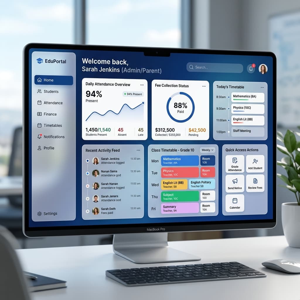 Education portal showing attendance and timetables