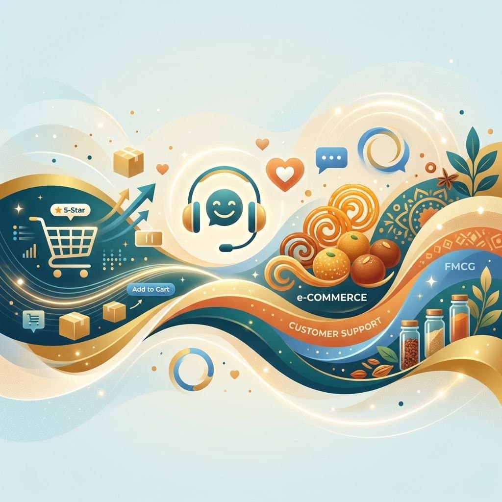 Stylized illustration of e-commerce and customer service icons flowing in a decorative wave pattern.
