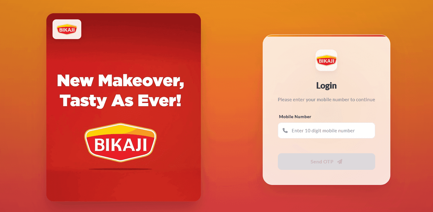 Bikaji brand ad with 'New Makeover, Tasty As Ever!' and a mobile login screen.