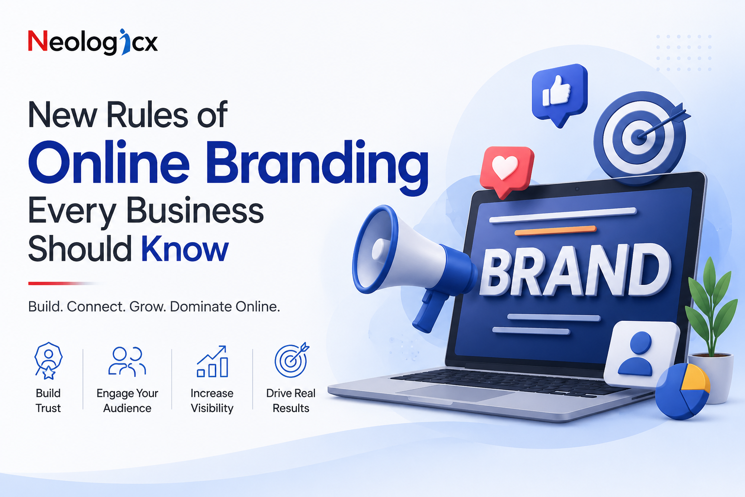 Hero image promoting online branding: large blue 'Online Branding' text with supporting headline on left, laptop with 'BRAND' on screen on the right, and social icons/megaphone.